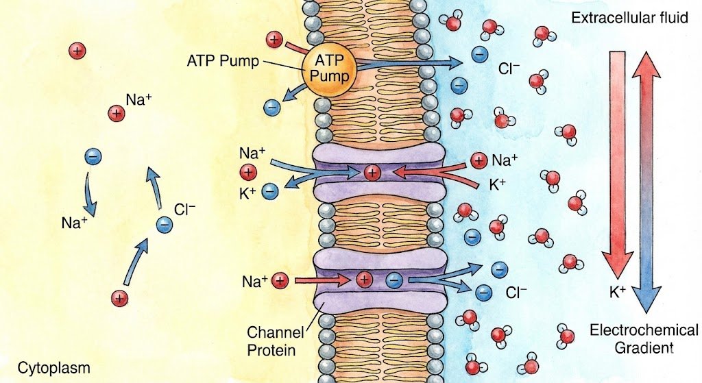 صورة مقترحة: رسم توضيحي لحركة الأيونات