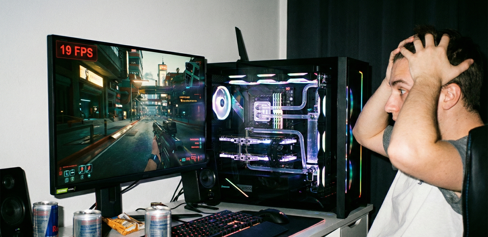 لاعب جيمر محبط يضع يديه على رأسه بسبب انخفاض FPS المفاجئ إلى 19 إطاراً أثناء اللعب على جهاز كمبيوتر قوي وعالي المواصفات.