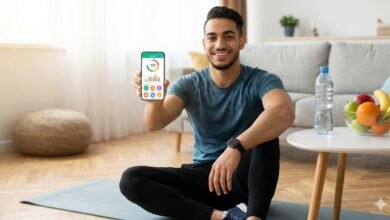 رجل رياضي يستخدم الهاتف لتصفح أفضل تطبيقات مجانية للياقة البدنية وحساب السعرات