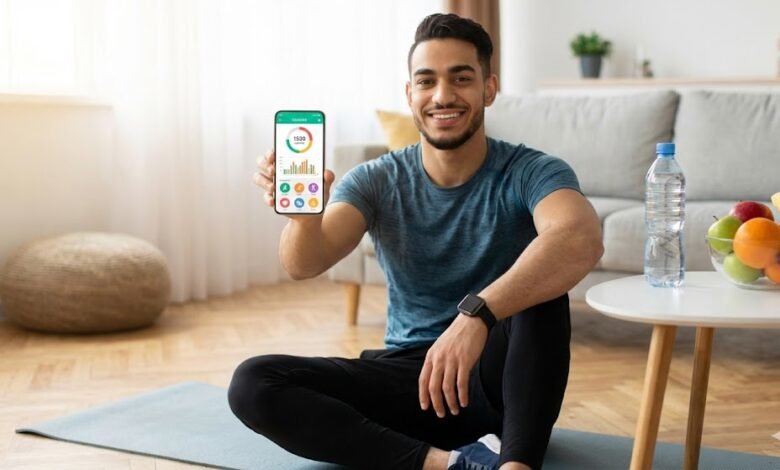 رجل رياضي يستخدم الهاتف لتصفح أفضل تطبيقات مجانية للياقة البدنية وحساب السعرات