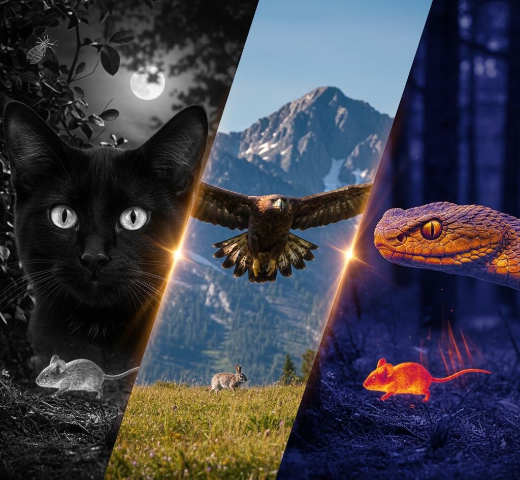 كولاج ثلاثي يوضح حقائق علمية حول رؤية الحيوانات المختلفة مقارنة بالبشر؛ القسم الأيسر يظهر الرؤية الليلية الفائقة للقطط، الوسط يظهر الرؤية الحادة والأشعة فوق البنفسجية للطيور الجارحة مثل النسر، والقسم الأيمن يظهر الرؤية الحرارية (الأشعة تحت الحمراء) للأفاعي وهي ترصد الفريسة. تجسيد لقدرات بصرية لا يراها البشر.