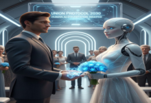 رسم تخيلي يوضح شكل زواج الروبوت من الإنسان في المستقبل عام 2030