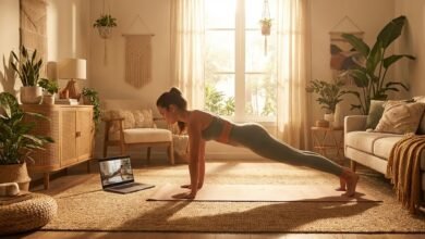 شاب يمارس تمارين شد البطن في المنزل بتركيز لنحت الخصر بدون معدات.