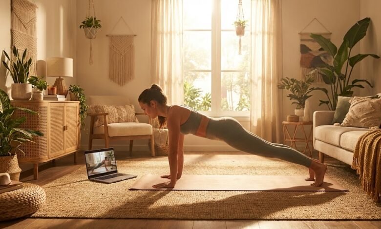 شاب يمارس تمارين شد البطن في المنزل بتركيز لنحت الخصر بدون معدات.