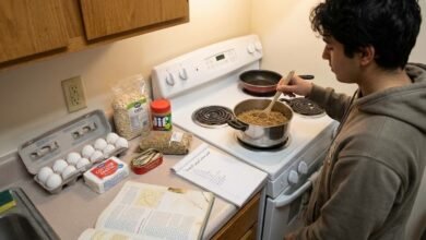 طالب يطبخ وجبة تعتمد على أفضل مصادر البروتين الرخيصة مثل العدس والبيض