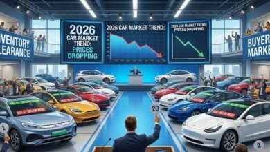 مشهد مزاد سيارات يوضح اتجاه انخفاض الأسعار في 2026، مع مؤشرات بصرية لتصفية المخزون وتحول السوق لصالح المشترين