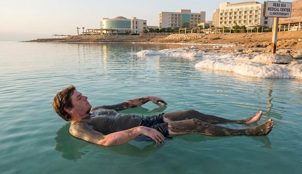 مريض مصاب بالصدفية يطفو وهو مغطى بالطين العلاجي الأسود في مياه البحر الميت بالأردن، وتظهر في الخلفية فنادق ومراكز طبية متخصصة في الاستشفاء المناخي (Climatotherapy)، مما يجسد السياحة العلاجية الناجحة للأمراض الجلدية