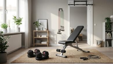 غرفة تحتوي على أدوات تجهيز جيم منزلي مثل الدمبلز والمقعد الرياضي بأقل التكاليف.