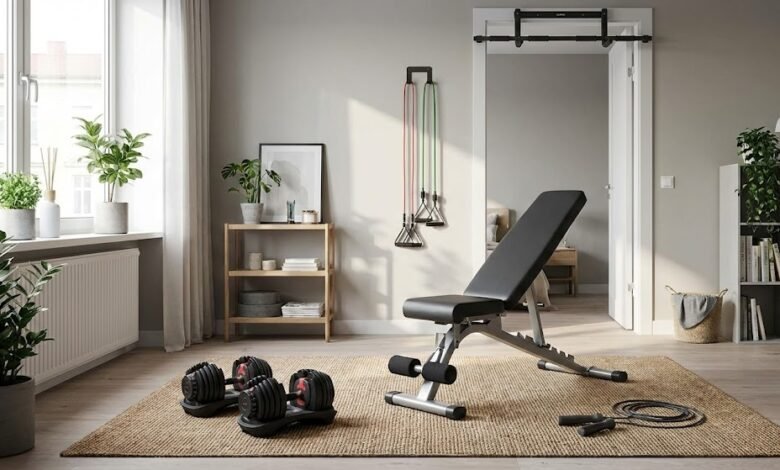 غرفة تحتوي على أدوات تجهيز جيم منزلي مثل الدمبلز والمقعد الرياضي بأقل التكاليف.