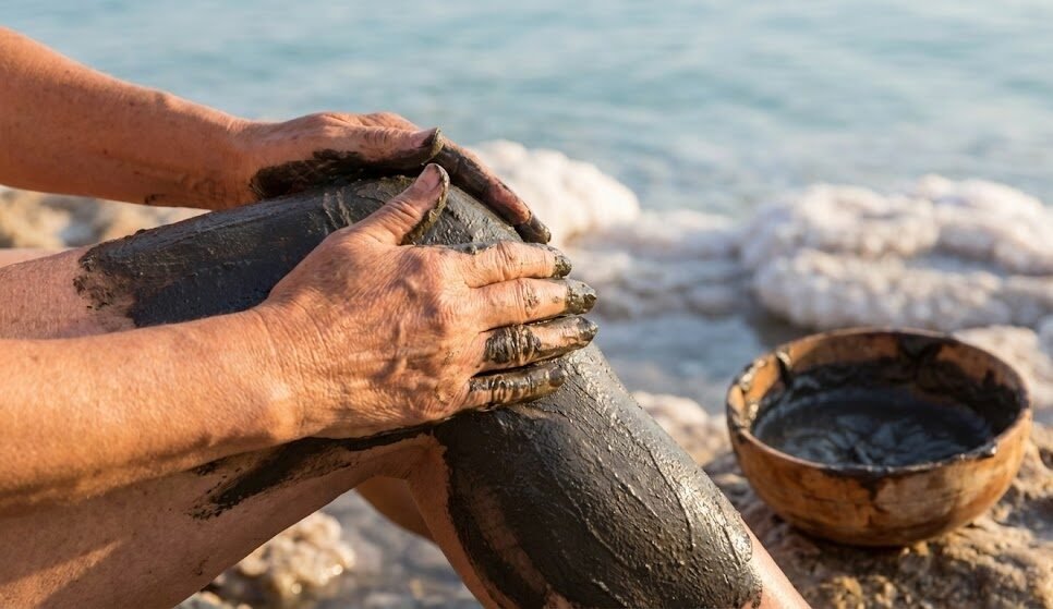 يد تدهن طين البحر الميت العلاجي الغني بالمعادن على مفصل الركبة لتخفيف آلام الروماتيزم والتهاب المفاصل، في مشهد يبرز فوائد 'الذهب الأسود' الطبيعية في الأردن