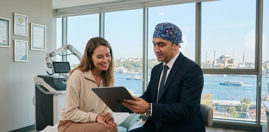 استشارة طبية داخل عيادة تجميل حديثة في إسطنبول؛ يظهر طبيب متخصص يشرح خطة العلاج لمريض أجنبي باستخدام تقنيات رقمية، مع إطلالة زجاجية على المدينة، مما يرمز لتطور السياحة العلاجية في تركيا 2026.