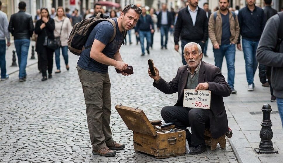 ماسح أحذية في أحد شوارع إسطنبول يحاول استدراج سائح عبر خدعة سقوط الفرشاة الشهيرة؛ مشهد واقعي يوضح إحدى طرق الاحتيال السياحي الشائعة لتجنبها