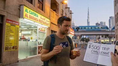 سائح اقتصادي في حي تاريخي بدبي يحمل دفتر ميزانية مكتوباً عليه 'تحدي الـ 500 دولار' وبطاقة مترو 'نول'، بينما يظهر في الخلفية كافتيريا شعبية رخيصة وبرج خليفة ومترو دبي، مما يجسد السياحة الموفرة في الإمارات