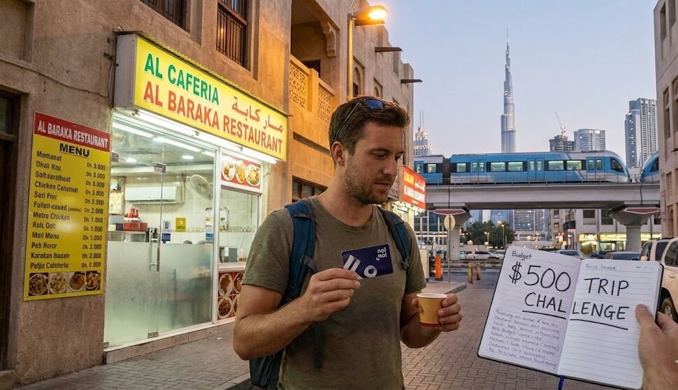 سائح اقتصادي في حي تاريخي بدبي يحمل دفتر ميزانية مكتوباً عليه 'تحدي الـ 500 دولار' وبطاقة مترو 'نول'، بينما يظهر في الخلفية كافتيريا شعبية رخيصة وبرج خليفة ومترو دبي، مما يجسد السياحة الموفرة في الإمارات