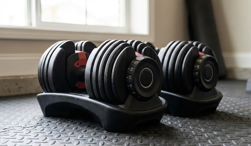صورة مقربة لزوج من الدمبلز القابلة للتعديل (Adjustable Dumbbells) موضوعة على أرضية خشبية، وهي الأداة الأساسية والأكثر توفيراً عند تجهيز جيم منزلي متكامل.