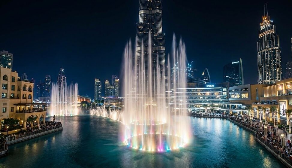 عرض مذهل لنافورة دبي الراقصة ليلاً أمام برج خليفة المتلألئ، صورة تبرز أجمل الأنشطة السياحية المجانية في دبي للمسافرين بميزانية محدودة