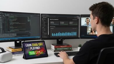 مطور ألعاب محترف يعمل بتركيز أمام شاشات متعددة تعرض أكواد برمجية (Code) وتصاميم جرافيك ثلاثية الأبعاد، في استوديو منزلي متطور يمثل الطرق الواقعية والمهنية للربح من صناعة الألعاب في عام 2026
