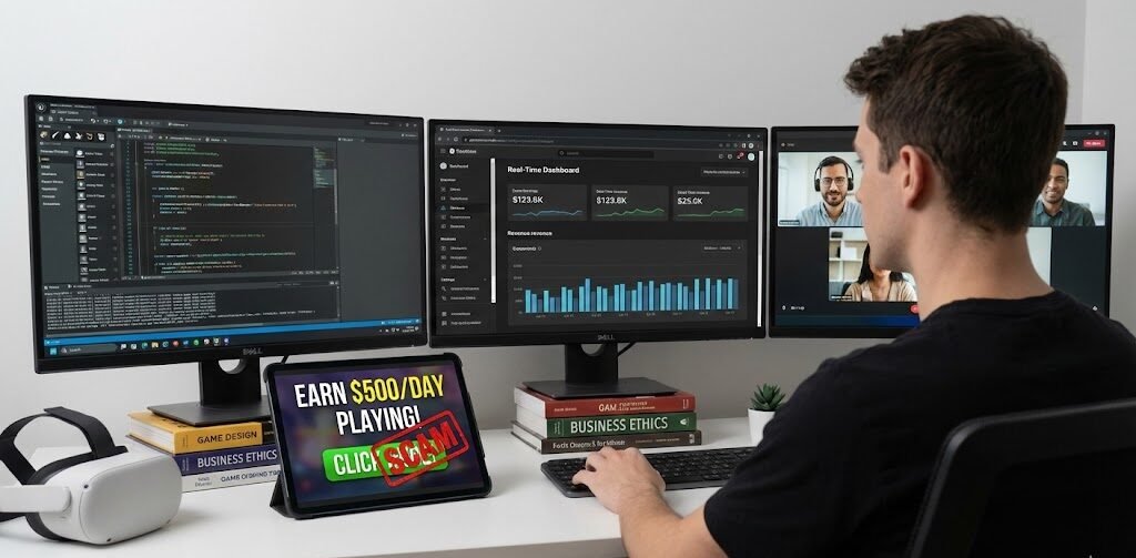 مطور ألعاب محترف يعمل بتركيز أمام شاشات متعددة تعرض أكواد برمجية (Code) وتصاميم جرافيك ثلاثية الأبعاد، في استوديو منزلي متطور يمثل الطرق الواقعية والمهنية للربح من صناعة الألعاب في عام 2026