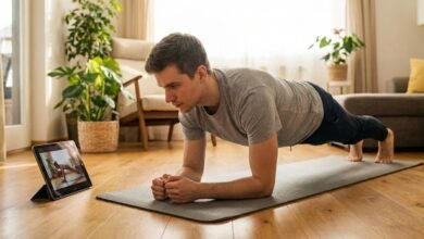 شاب يمارس تمرين الضغط (Push-ups) بتركيز داخل غرفة المعيشة على بساط يوغا، مستخدماً وزن الجسم فقط، مما يجسد خطة الرياضة المنزلية للمبتدئين لبناء العضلات بدون معدات جيم في 2026.