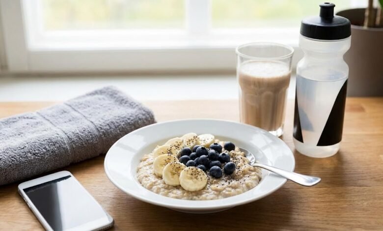 طبق صحي من الشوفان المغطى بالموز والتوت الأزرق وبذور الشيا كوجبة مثالية للطاقة قبل التمرين، وبجانبه كوب من مخفوق البروتين وزجاجة ماء رياضية ومنشفة جيم على طاولة خشبية