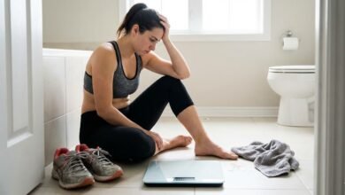 شخص رياضي يقف على الميزان بملامح محبطة، يجسد تساؤل: لماذا لا ينقص وزني رغم الرياضة؟ ويوضح مشكلة ثبات الوزن الشائعة في عام 2026.