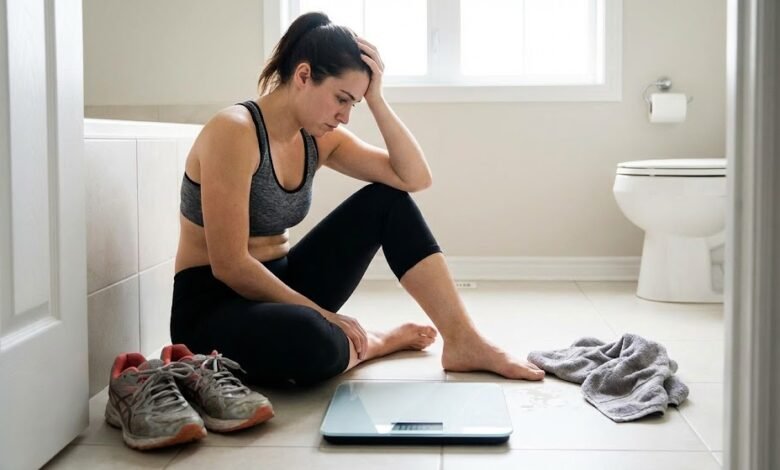 شخص رياضي يقف على الميزان بملامح محبطة، يجسد تساؤل: لماذا لا ينقص وزني رغم الرياضة؟ ويوضح مشكلة ثبات الوزن الشائعة في عام 2026.