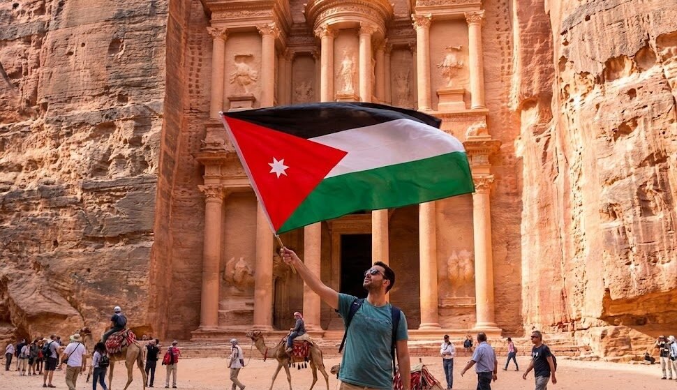 سائح يحمل العلم الأردني بفخر أمام مبنى الخزنة الشهير في مدينة البتراء الأثرية، الوجهة الرئيسية التي تغطيها التذكرة الموحدة (Jordan Pass).
