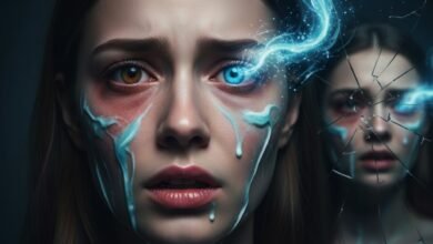 امرأة تعاني من إصابة شديدة في العين وتغير في لونها مع تورم، نتيجة الاستخدام الخاطئ لمعجون الأسنان على الوجه والعينين، مع ظهور تشوهات في انعكاس المرآة