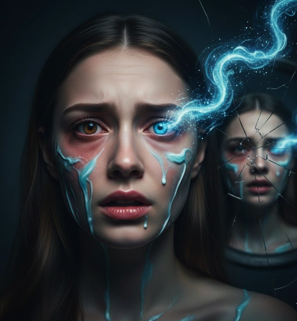 امرأة تعاني من إصابة شديدة في العين وتغير في لونها مع تورم، نتيجة الاستخدام الخاطئ لمعجون الأسنان على الوجه والعينين، مع ظهور تشوهات في انعكاس المرآة