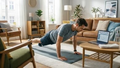 شاب يطبق جدول تمارين أسبوعي في المنزل باستخدام اللابتوب