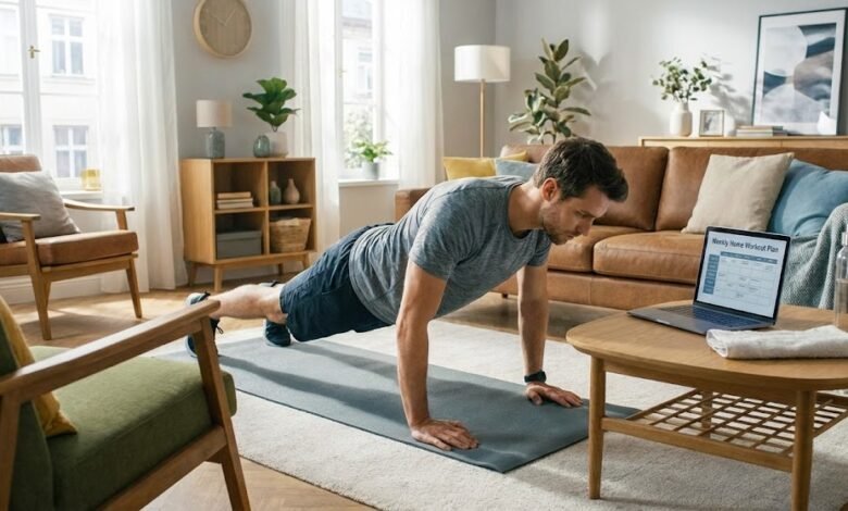 شاب يطبق جدول تمارين أسبوعي في المنزل باستخدام اللابتوب