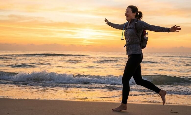 امرأة تمارس الجري على الشاطئ لتجربة فوائد الرياضة للصحة النفسية