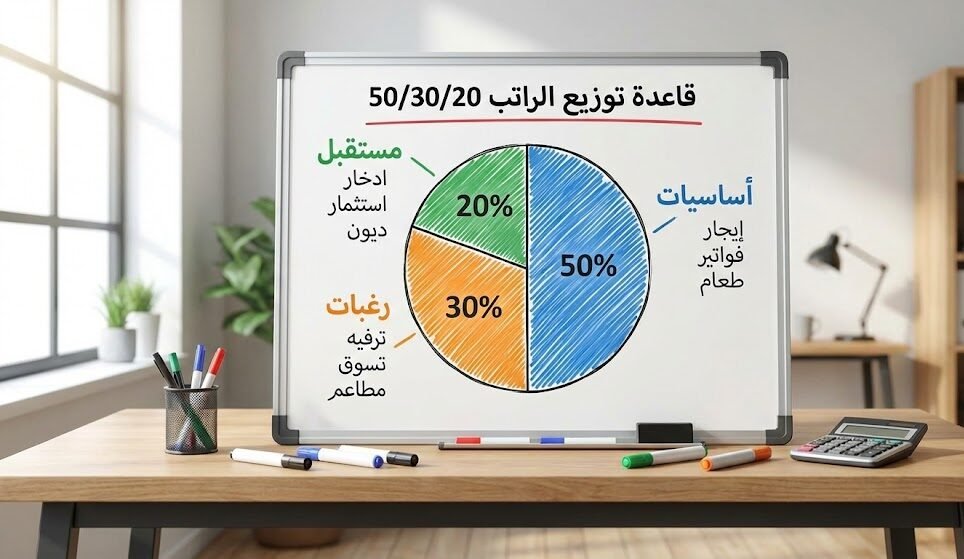 رسم بياني على لوح أبيض يوضح قاعدة توزيع الراتب 50/30/20، مقسم إلى 50% للأساسيات، 30% للرغبات، و 20% للمستقبل والادخار، في مكتب منزلي.