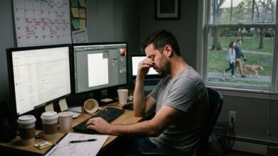 مستقل يعمل بتركيز في مكتب منزلي لتجنب عبودية العمل الحر