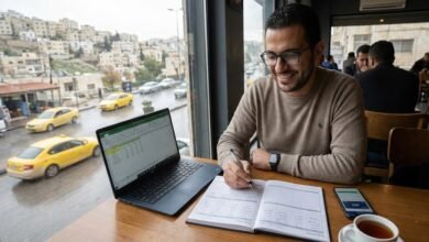 شاب أردني مبتسم يقوم بتنظيم الميزانية الشخصية وتخطيط المصروفات باستخدام لابتوب يعرض جدول بيانات ودفتر ملاحظات، وذلك أثناء جلوسه في مقهى يطل على شارع ممطر وسيارات أجرة صفراء في مدينة عمان، الأردن.