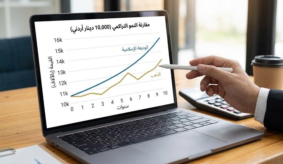 مقارنة بيانية تظهر تأثير الأرباح المركبة في الودائع مقابل تذبذب أسعار الذهب