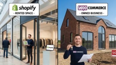 صورة واقعية واحترافية تُظهر جهاز حاسوب محمول (لابتوب) يعرض واجهة متجر إلكتروني متطور، مع دمج فني لشعاري Shopify وWooCommerce لتمثيل المقارنة بين منصات التجارة الإلكترونية ومفهوم تملك المتجر الرقمي.