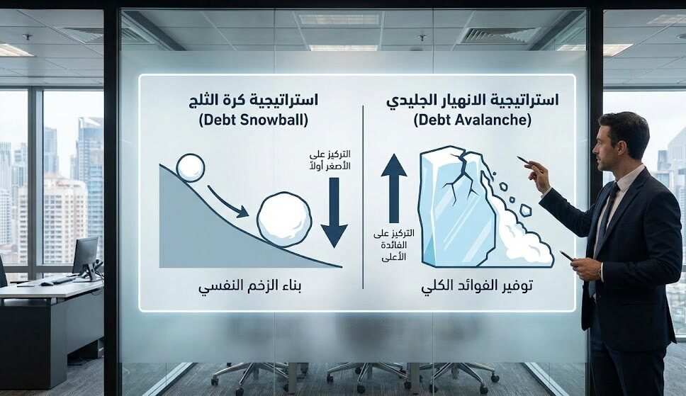 رسم بياني احترافي يقارن بين استراتيجية 'كرة الثلج' (Debt Snowball) التي تركز على سداد الديون الصغيرة أولاً، واستراتيجية 'الانهيار الجليدي' (Debt Avalanche) التي تستهدف الديون ذات الفائدة الأعلى، كدليل عملي لتحقيق الحرية المالية والتخلص من القروض الشخصية.