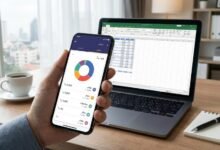 صورة واقعية تُظهر استخدام تطبيق تتبع المصاريف بالدينار الأردني على هاتف ذكي، بجانب لابتوب يعرض جدول بيانات الميزانية الشهرية. أدوات تقنية حديثة لإدارة المال الشخصي في مكتب منزلي.