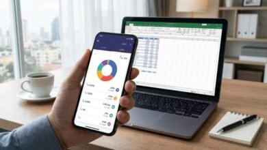 صورة واقعية تُظهر استخدام تطبيق تتبع المصاريف بالدينار الأردني على هاتف ذكي، بجانب لابتوب يعرض جدول بيانات الميزانية الشهرية. أدوات تقنية حديثة لإدارة المال الشخصي في مكتب منزلي.