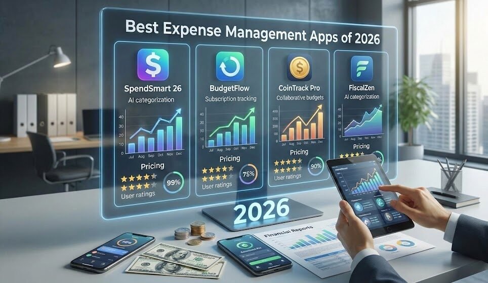 مقارنة تفاعلية افتراضية على شاشة زجاجية بعنوان "Best Expense Management Apps of 2026" في مكتب حديث. تُظهر المقارنة أربعة تطبيقات: "SpendSmart 26" مع تصنيف بالذكاء الاصطناعي وتقييم 99%، "BudgetFlow" لتتبع الاشتراكات وتقييم 75%، "CoinTrack Pro" لميزانيات تعاونية وتقييم 90%، و "FiscalZen" بتصنيف بالذكاء الاصطناعي وتقييم مرتفع. يتفاعل شخص عبر جهاز لوحي مع البيانات والرسوم البيانية. على المكتب هواتف ذكية، نقود، وتقارير مالية.