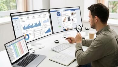 خبير تجارة إلكترونية يحلل بيانات المنتج الرابح على شاشة الحاسوب.