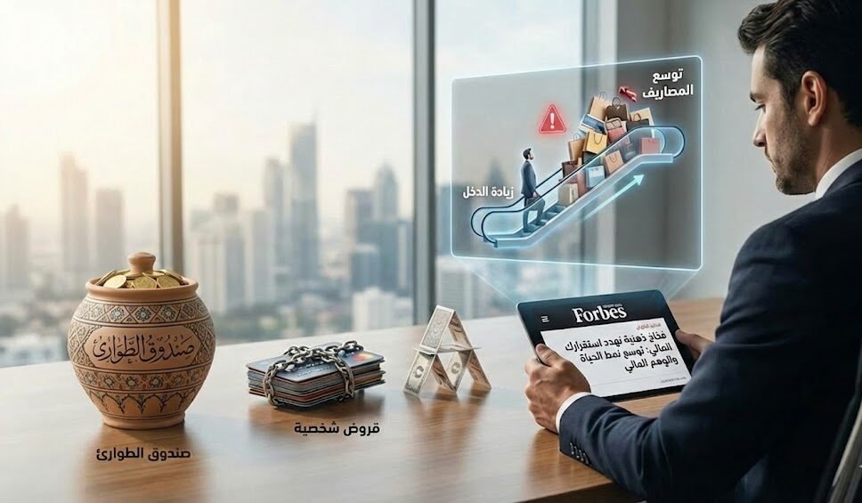 رجل أعمال يحلل المخاطر المالية ويقرأ مقالاً من 'فوربس' حول 'فخاخ ذهنية تهدد استقرارك المالي'. على المكتب، توجد رموز تعبيرية لـ 'صندوق الطوارئ' و'قروض شخصية' مقيدة، ورسم بياني هولوغرافي يوضح تحدي 'توسع نمط الحياة' وزيادة المصاريف.