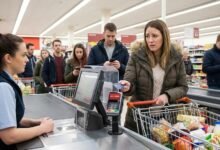 شخص ينظر بقلق إلى محفظته الفارغة وفواتيره المتراكمة، موضحاً مشكلة نفاد الراتب قبل نهاية الشهر.