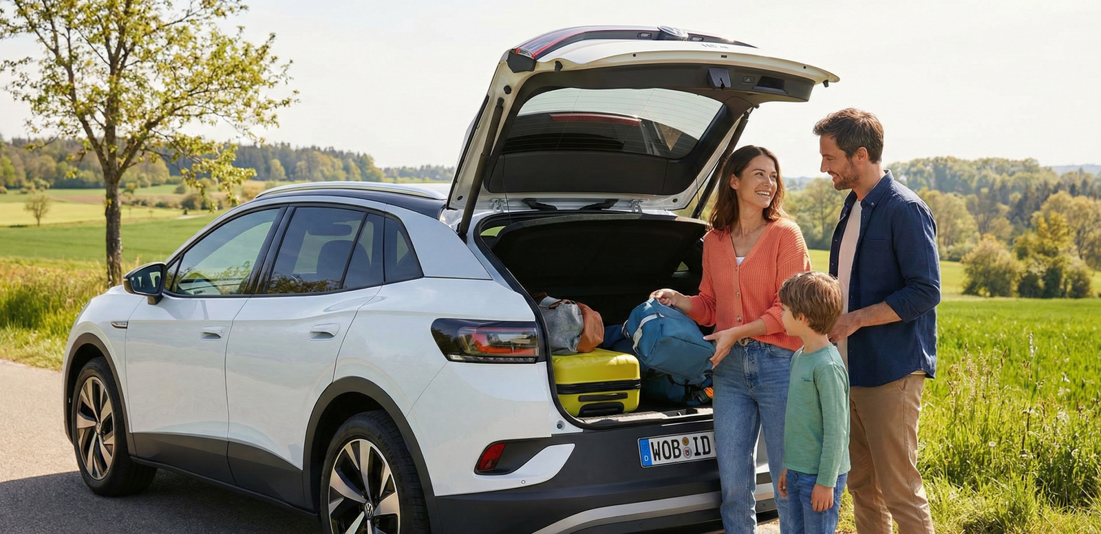 عائلة تستمتع برحلة مريحة توضح تجربة السيارات الكهربائية العملية مع فولكس فاجن ID.4