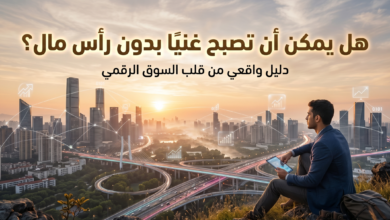 "صورة توضيحية من مقال "هل يمكن أن تصبح غنيًا بدون رأس مال؟" تُظهر شابًا جالسًا على تلة يطل على مدينة حديثة متصلة بشبكة رقمية عند الشروق، ممسكًا بجهاز لوحي، مع العنوان الرئيسي والفرعي باللغة العربية في الأعلى، يرمز إلى بناء الثروة من الصفر في العصر الرقمي."