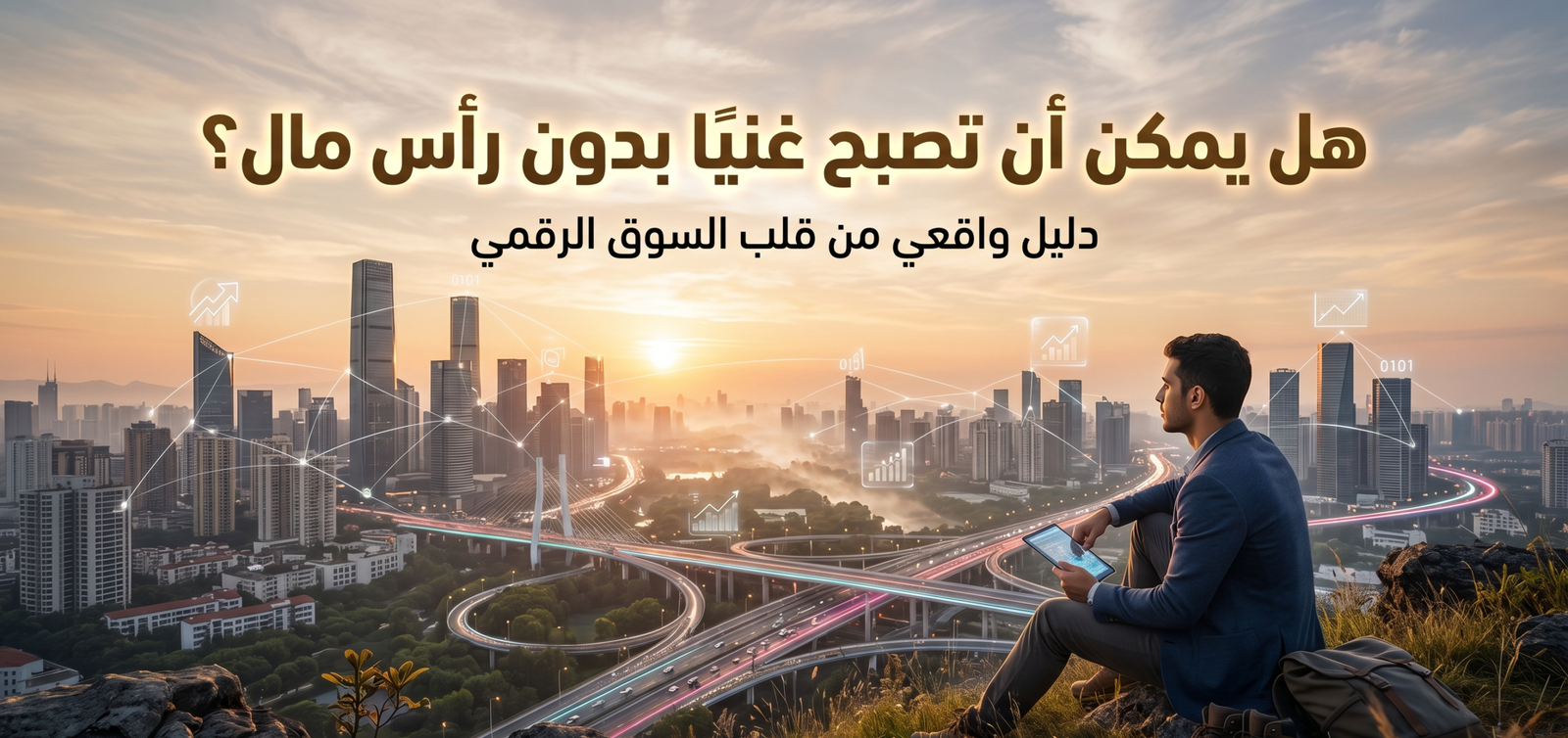 "صورة توضيحية من مقال "هل يمكن أن تصبح غنيًا بدون رأس مال؟" تُظهر شابًا جالسًا على تلة يطل على مدينة حديثة متصلة بشبكة رقمية عند الشروق، ممسكًا بجهاز لوحي، مع العنوان الرئيسي والفرعي باللغة العربية في الأعلى، يرمز إلى بناء الثروة من الصفر في العصر الرقمي."
