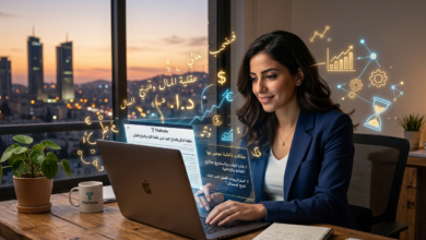 شاب طموح يعمل على حاسوب محمول يعرض موقع Triopedia، تظهر حوله رموز مالية رقمية وأيقونات تحليل بيانات تعكس عقلية المال والنجاح والتخطيط الاستراتيجي للأعمال."