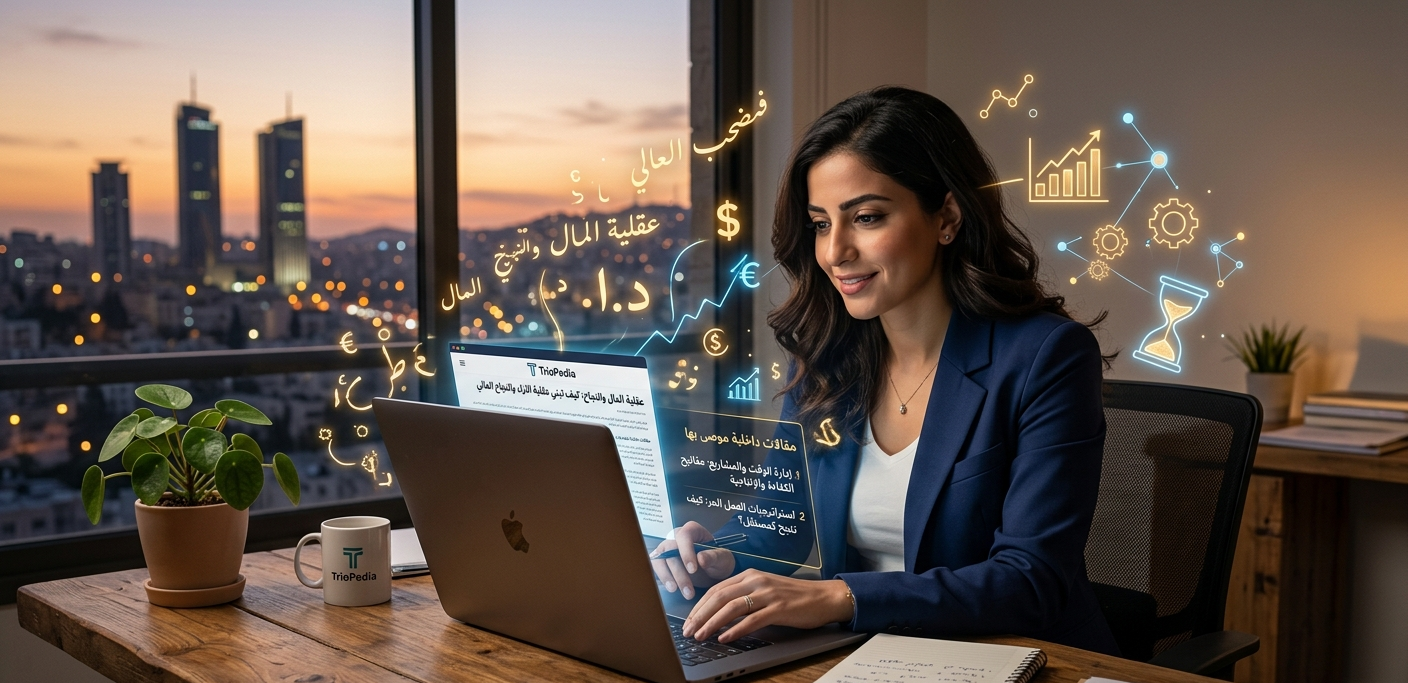 شاب طموح يعمل على حاسوب محمول يعرض موقع Triopedia، تظهر حوله رموز مالية رقمية وأيقونات تحليل بيانات تعكس عقلية المال والنجاح والتخطيط الاستراتيجي للأعمال."