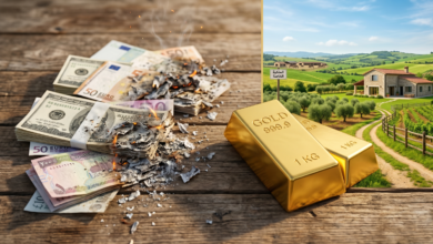 صورة احترافية تظهر أوراقاً نقدية تحترق بجانب سبائك ذهب لامعة وخلفية لأرض زراعية خضراء وعقارات مستقرة، ترمز للملاذات الآمنة في اقتصاد 2026.